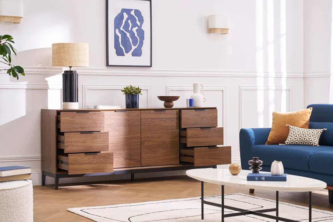 Buffet vintage finition bois foncé noyer et métal noir avec rangements L180 cm SARTO