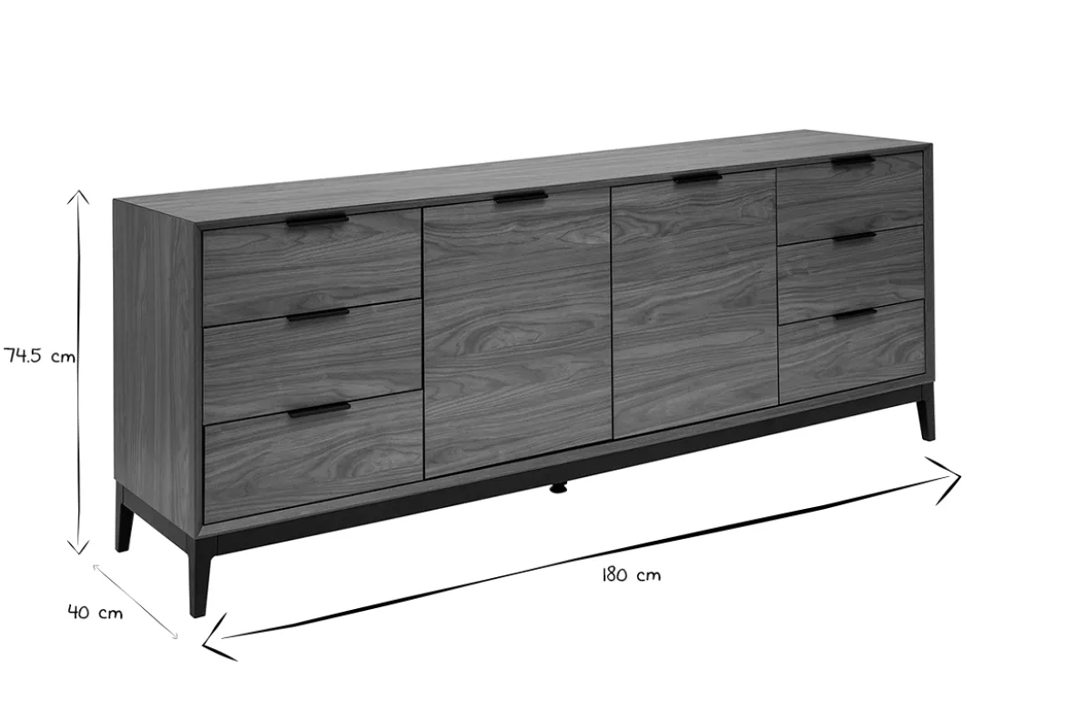 Buffet vintage finition bois foncé noyer et métal noir avec rangements L180 cm SARTO