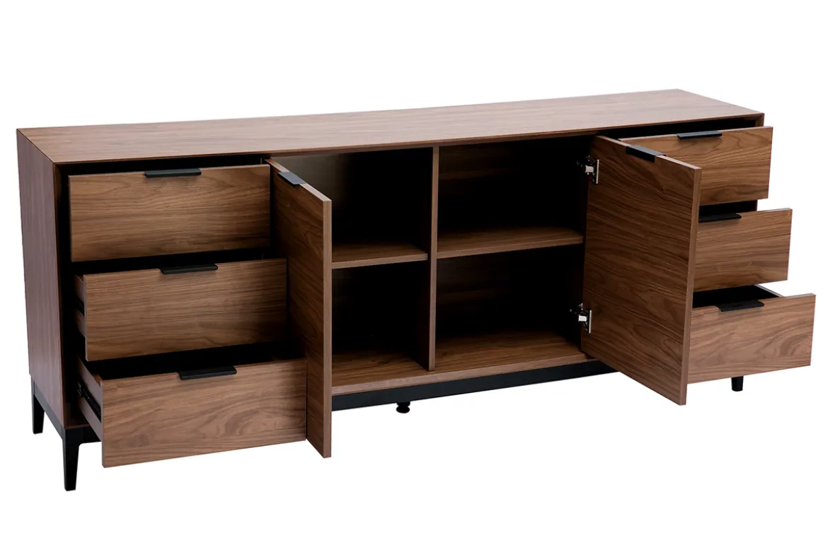 Buffet vintage finition bois foncé noyer et métal noir avec rangements L180 cm SARTO