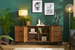 Buffet vintage finition bois foncé noyer et métal noir avec rangements L180 cm SARTO