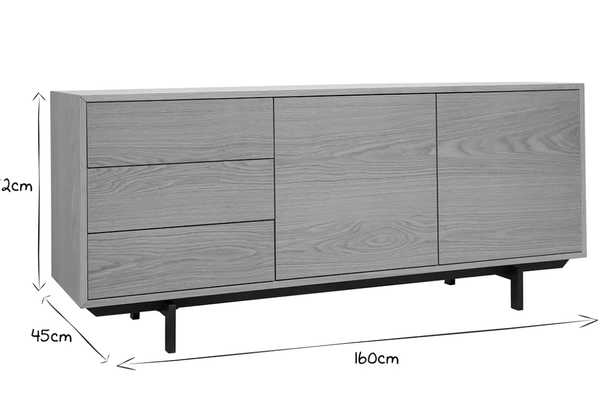 Buffet vintage finition bois chêne 2 portes 3 tiroirs L160 cm MANNY