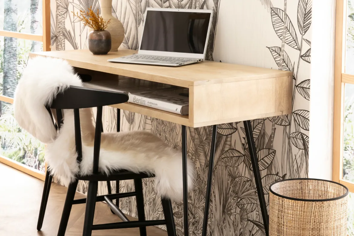 Bureau avec rangement en bois manguier massif et métal noir L116 cm VIBES