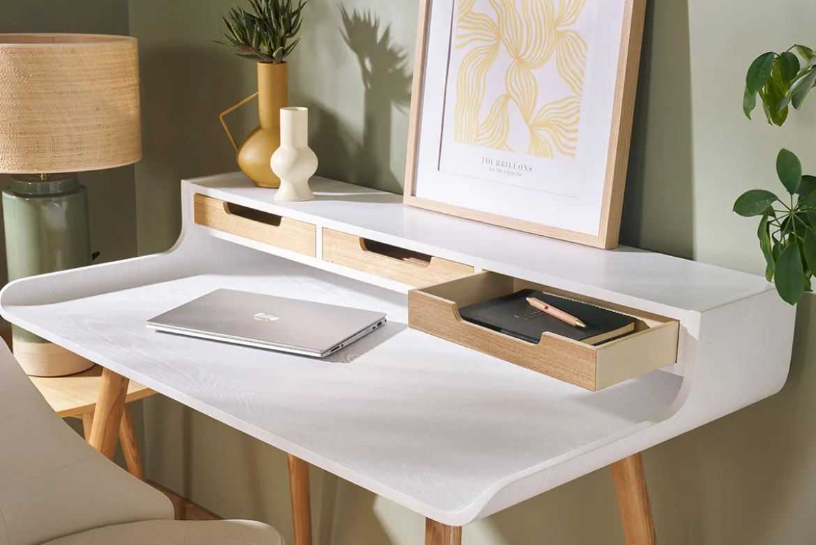 Bureau avec rangements scandinave bois clair et blanc L110 cm OPUS