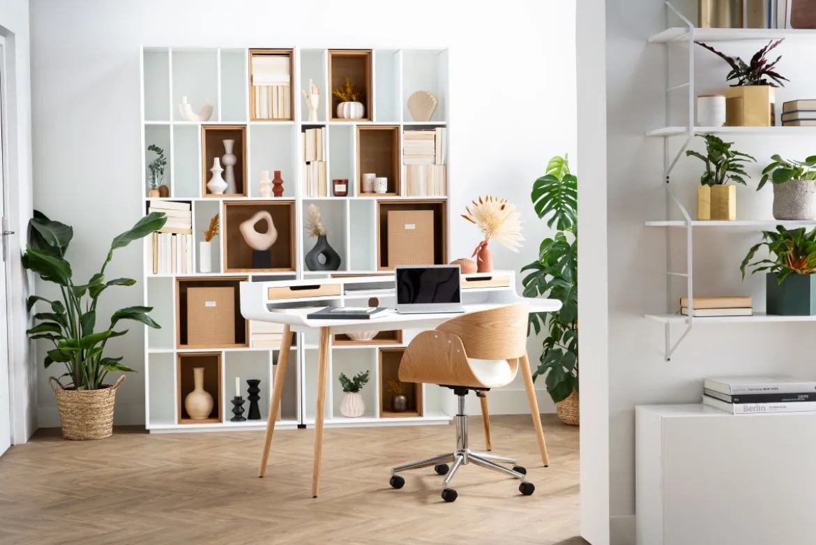 Bureau avec rangements scandinave blanc et bois clair L140 cm OPUS