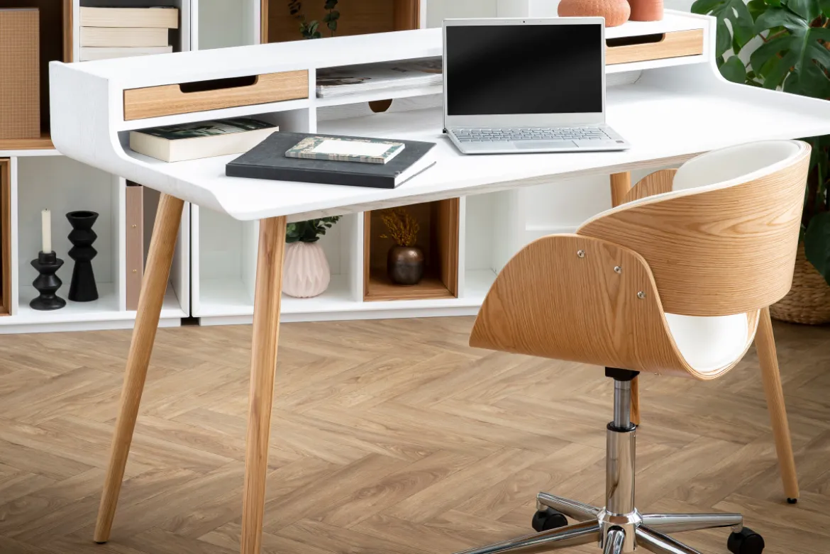 Bureau avec rangements scandinave blanc et bois clair L140 cm OPUS
