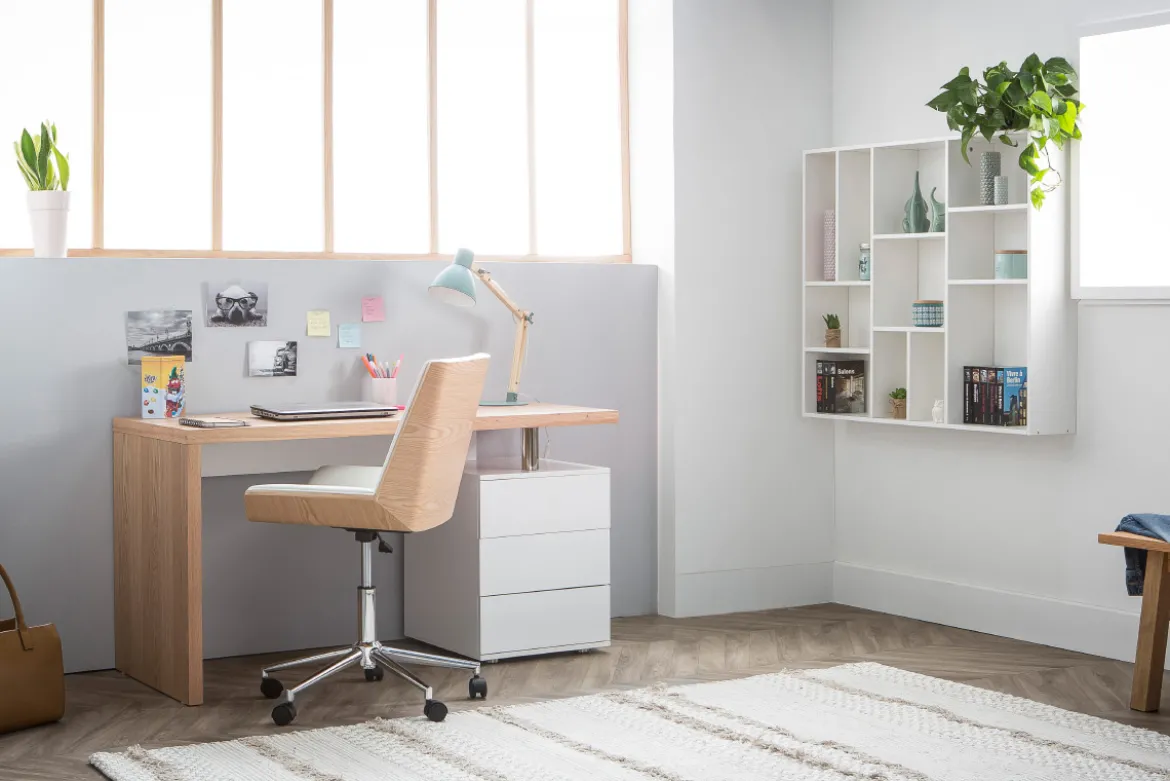 Bureau avec rangements 3 tiroirs design bois clair chêne et blanc L140 cm CALIX