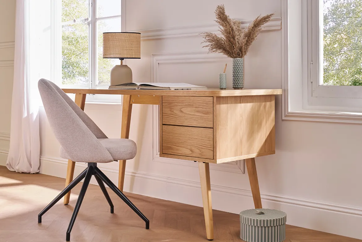Bureau avec rangements 2 tiroirs scandinave bois clair chêne L140 cm FIFTIES
