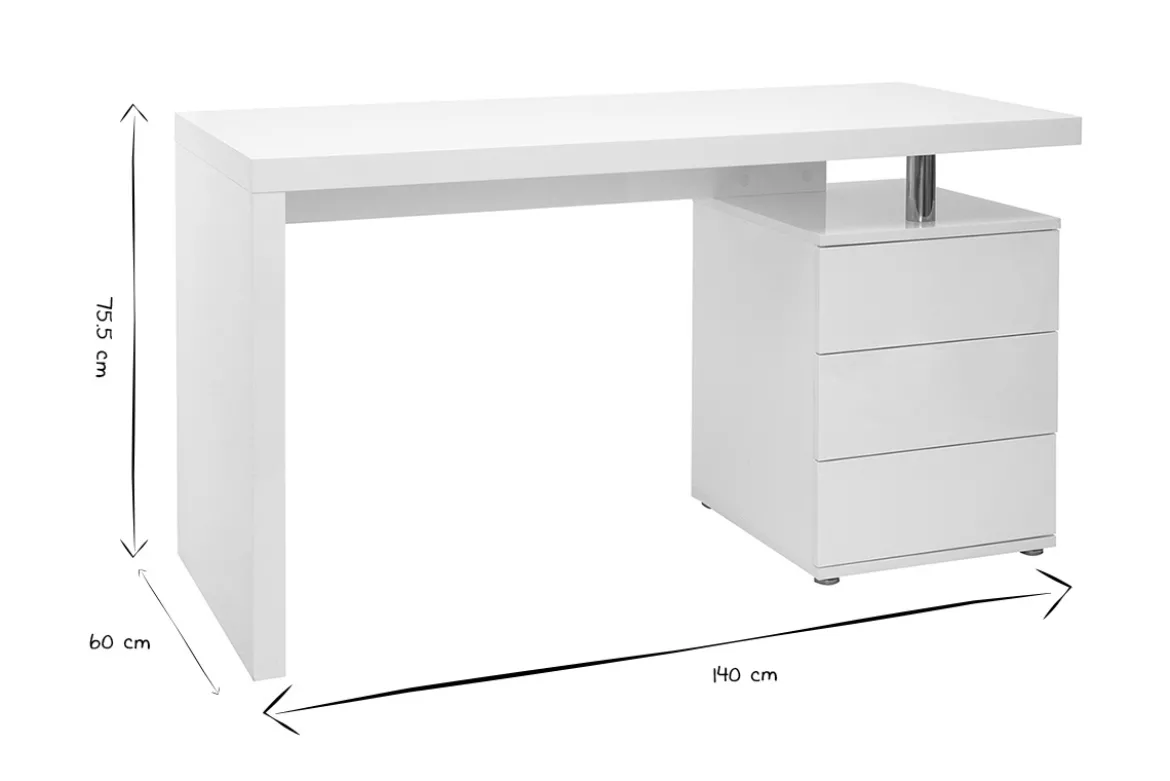 Bureau avec rangements 3 tiroirs design blanc laqué brillant L140 cm CALIX