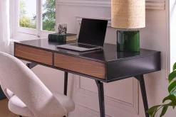 Bureau avec rangements 2 tiroirs design noir mat et bois foncé noyer L120 cm TRIPOLI