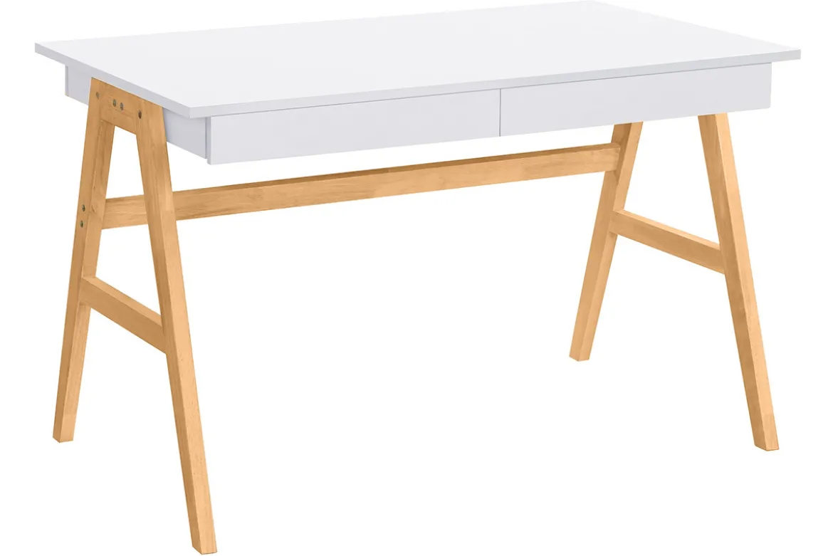 Bureau avec rangements 2 tiroirs scandinave blanc et bois clair chêne L120 cm BROOK