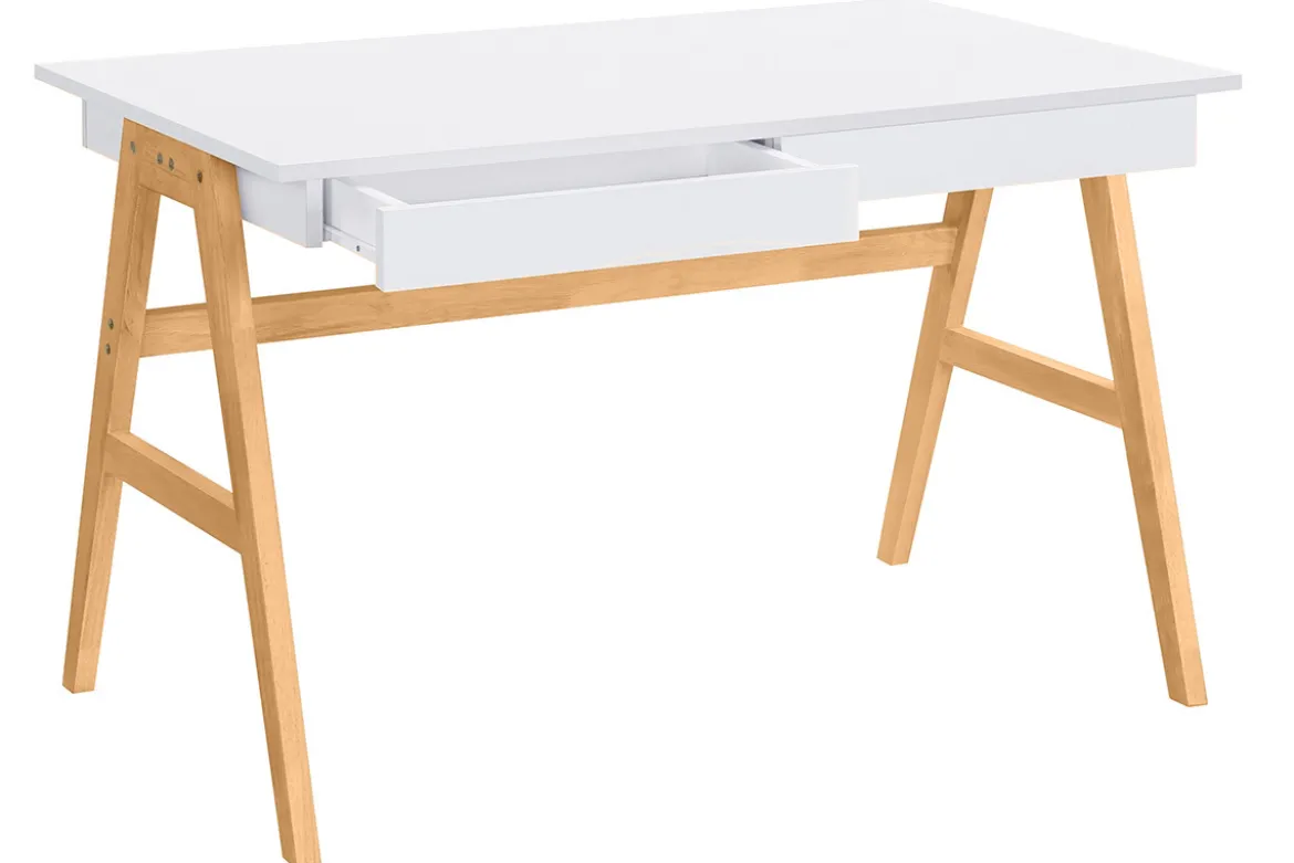 Bureau avec rangements 2 tiroirs scandinave blanc et bois clair chêne L120 cm BROOK