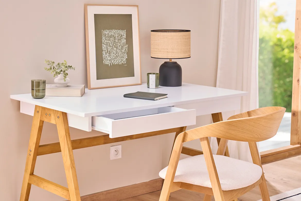 Bureau avec rangements 2 tiroirs scandinave blanc et bois clair chêne L120 cm BROOK