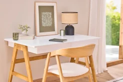 Bureau avec rangements 2 tiroirs scandinave blanc et bois clair chêne L120 cm BROOK