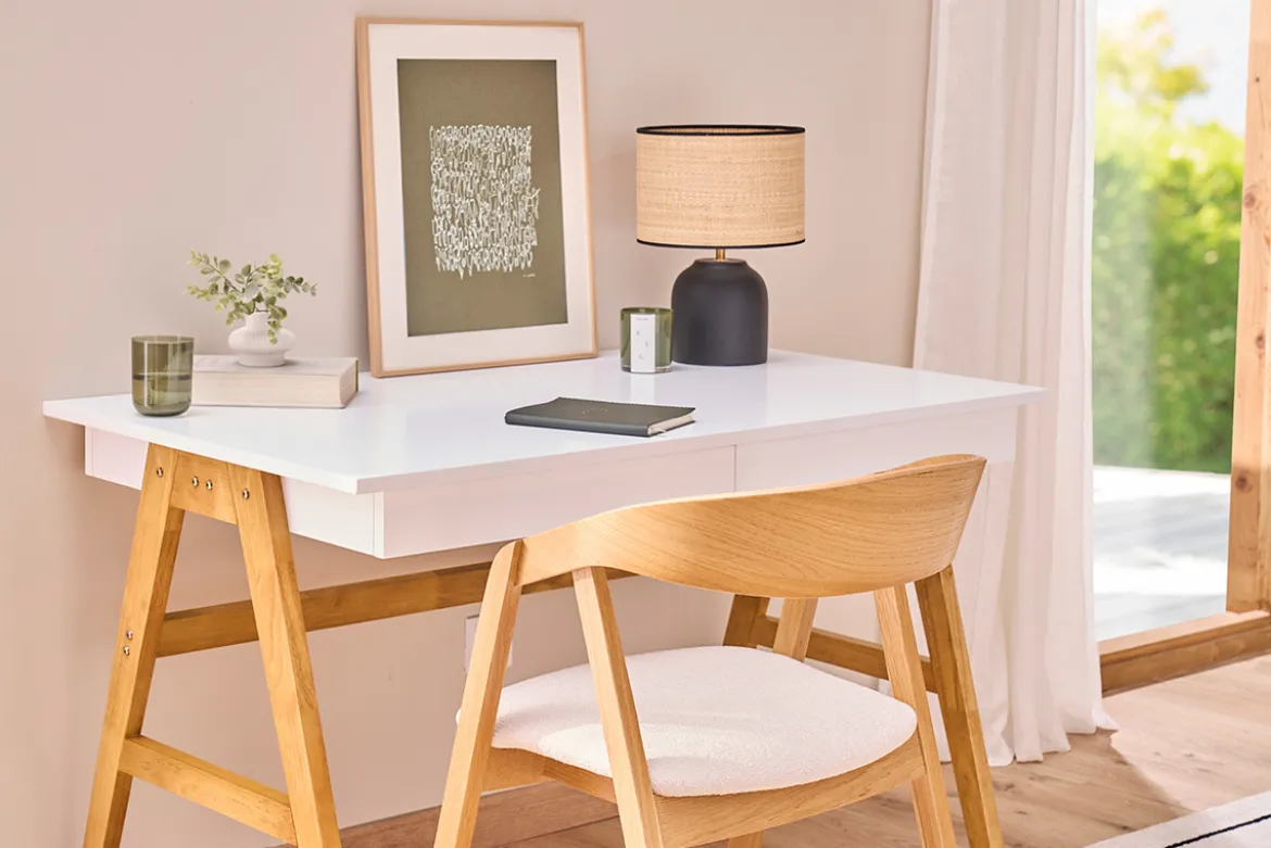 Bureau avec rangements 2 tiroirs scandinave blanc et bois clair chêne L120 cm BROOK