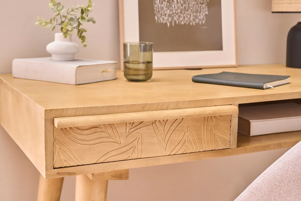 Bureau avec rangements 2 tiroirs ethnique bois manguier massif gravé L120 cm KAFFIR