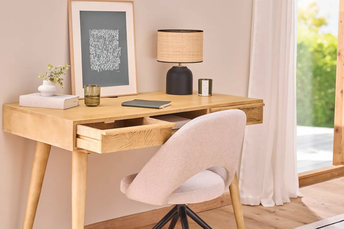 Bureau avec rangements 2 tiroirs ethnique bois manguier massif gravé L120 cm KAFFIR