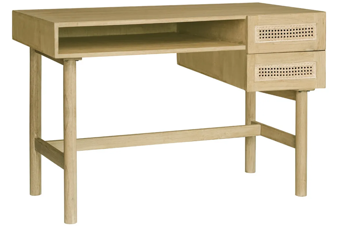 Bureau avec rangements 2 tiroirs bois clair et cannage rotin L120 cm GALINA