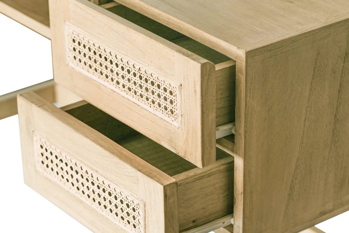 Bureau avec rangements 2 tiroirs bois clair et cannage rotin L120 cm GALINA