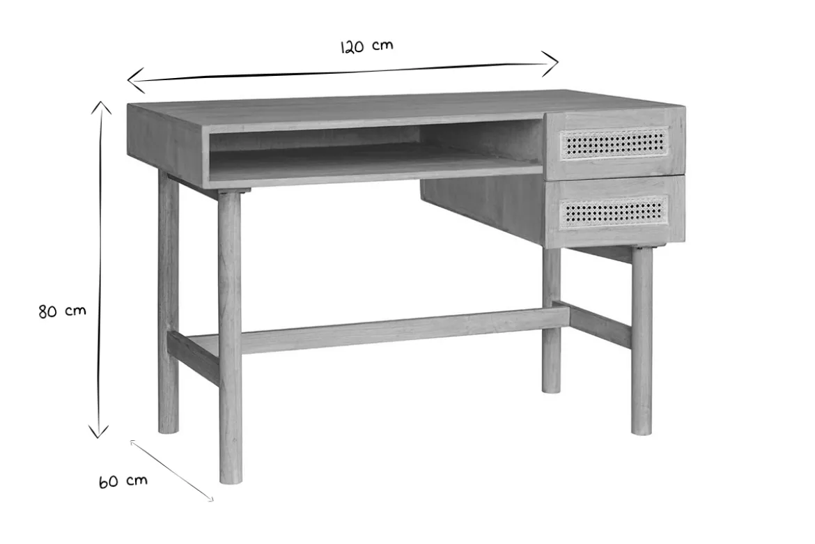 Bureau avec rangements 2 tiroirs bois clair et cannage rotin L120 cm GALINA