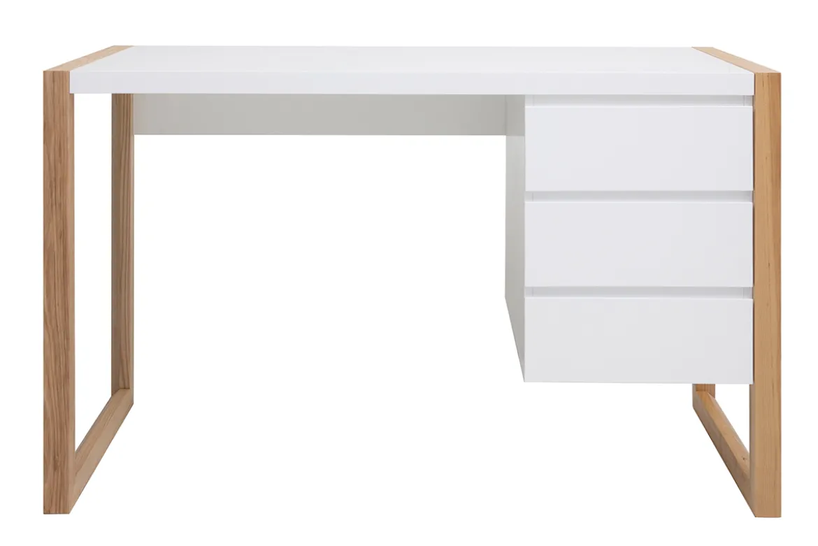 Bureau avec rangements 3 tiroirs scandinave blanc mat et bois clair frêne massif L130 cm ARMEL