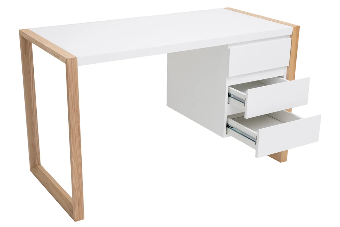 Bureau avec rangements 3 tiroirs scandinave blanc mat et bois clair frêne massif L130 cm ARMEL