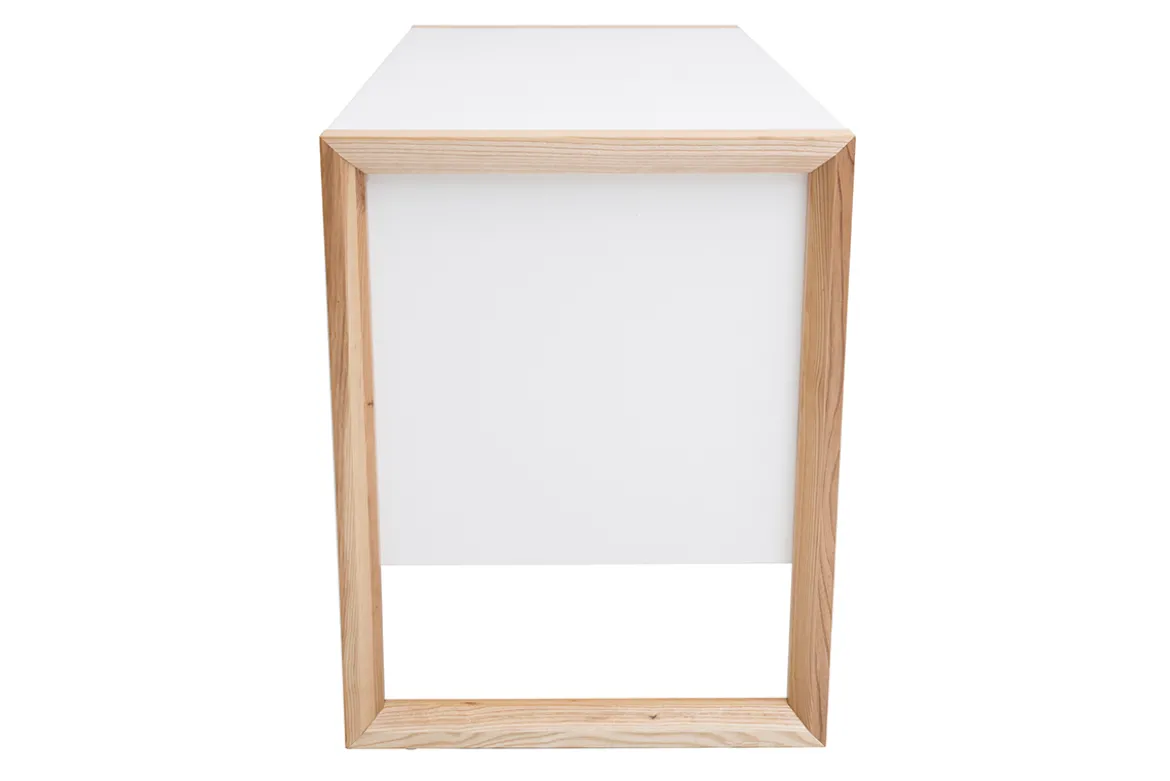 Bureau avec rangements 3 tiroirs scandinave blanc mat et bois clair frêne massif L130 cm ARMEL