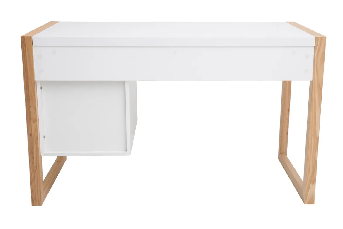 Bureau avec rangements 3 tiroirs scandinave blanc mat et bois clair frêne massif L130 cm ARMEL