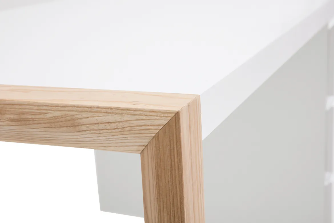 Bureau avec rangements 3 tiroirs scandinave blanc mat et bois clair frêne massif L130 cm ARMEL