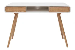 Bureau avec rangement vintage blanc, cannage et bois clair L120 cm OLYMPE