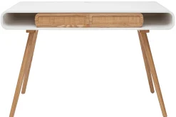 Bureau avec rangement vintage blanc, cannage et bois clair L120 cm OLYMPE