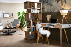 Bureau avec rangement vintage blanc, cannage et bois clair L120 cm OLYMPE