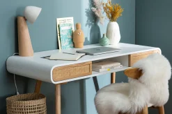 Bureau avec rangement vintage blanc, cannage et bois clair L120 cm OLYMPE