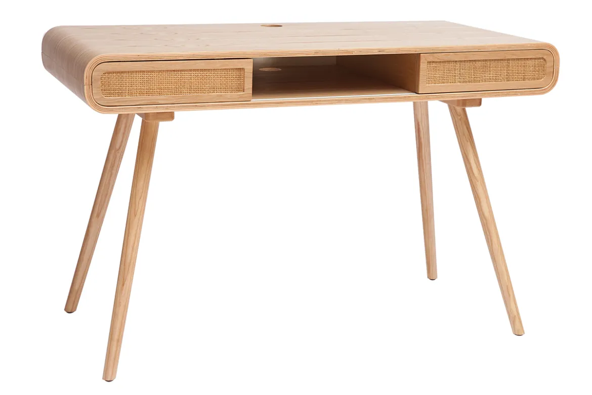 Bureau avec rangement vintage en bois clair et cannage L120 cm OLYMPE