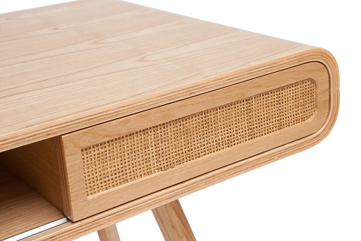 Bureau avec rangement vintage en bois clair et cannage L120 cm OLYMPE