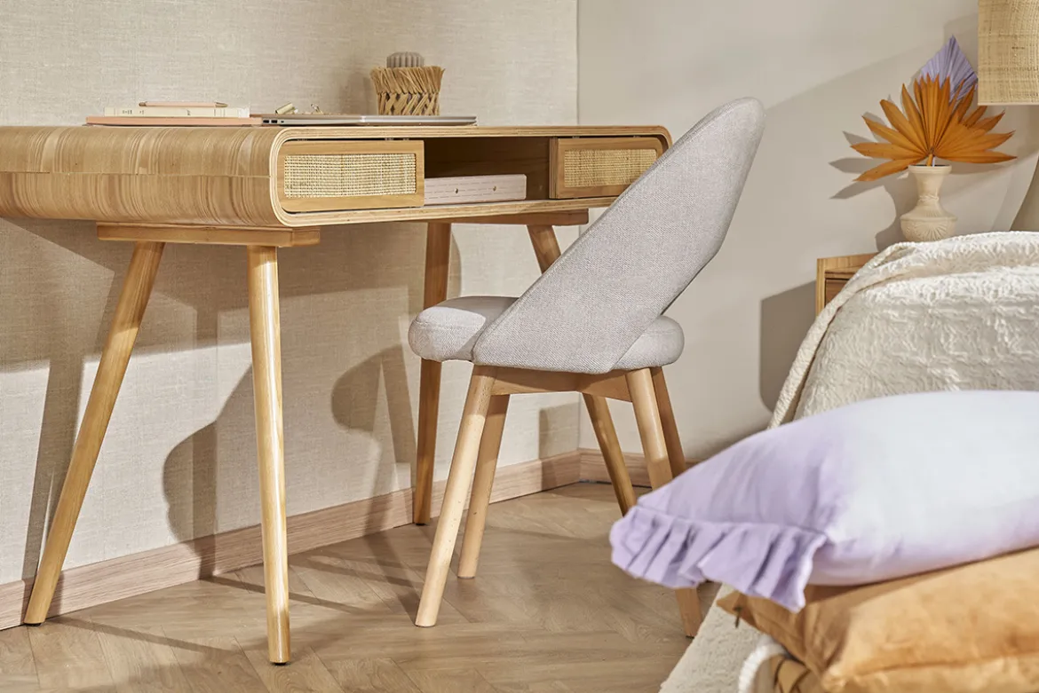 Bureau avec rangement vintage en bois clair et cannage L120 cm OLYMPE