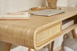Bureau avec rangement vintage en bois clair et cannage L120 cm OLYMPE