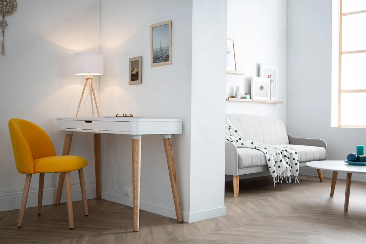 Bureau avec tiroir scandinave blanc et bois clair chêne L115 cm TOTEM