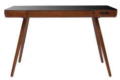 Bureau connecté multimédia avec tiroir en verre noir et bois foncé noyer L120 cm CLEVER
