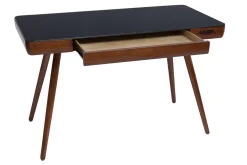 Bureau connecté multimédia avec tiroir en verre noir et bois foncé noyer L120 cm CLEVER