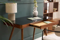 Bureau connecté multimédia avec tiroir en verre noir et bois foncé noyer L120 cm CLEVER
