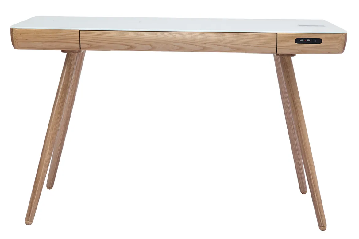 Bureau connecté multimédia avec tiroir en verre et bois clair L120 cm CLEVER