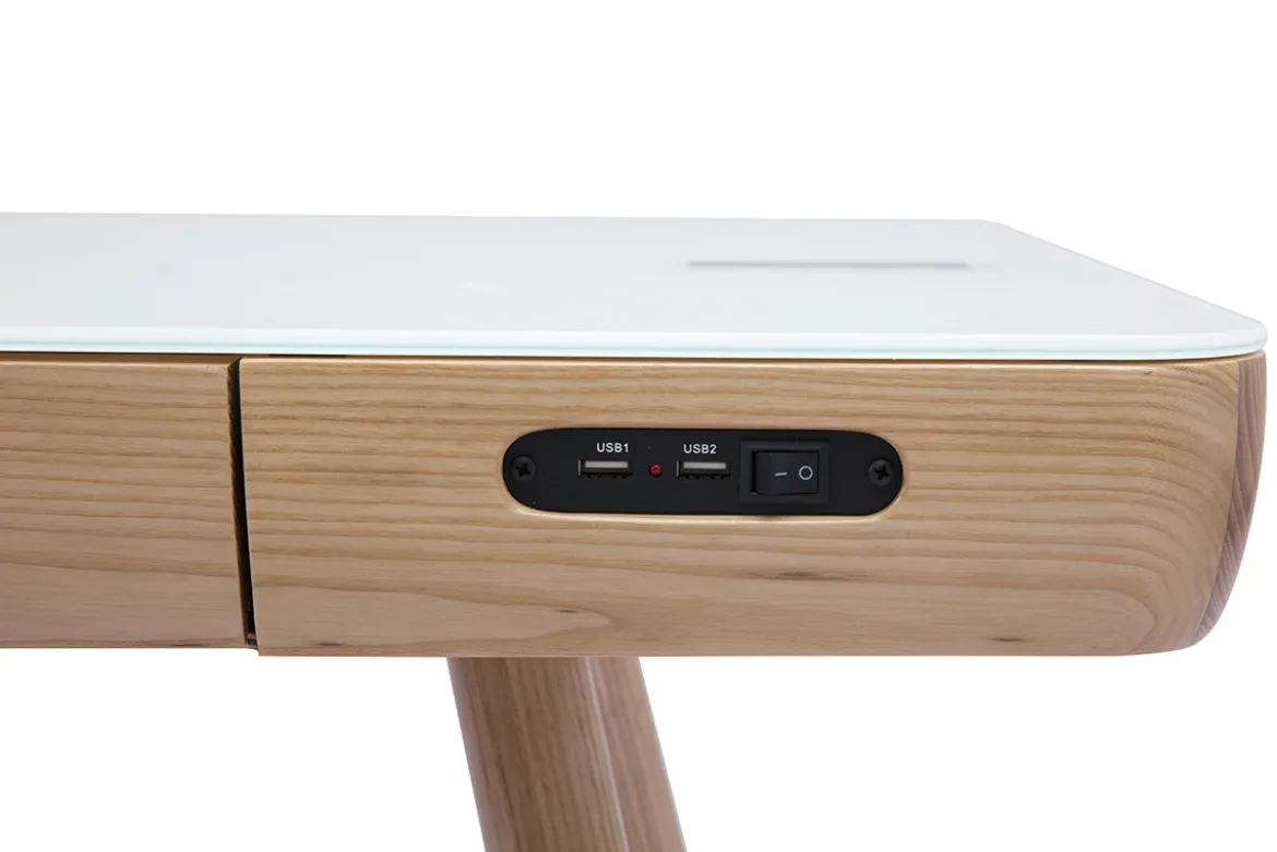 Bureau connecté multimédia avec tiroir en verre et bois clair L120 cm CLEVER