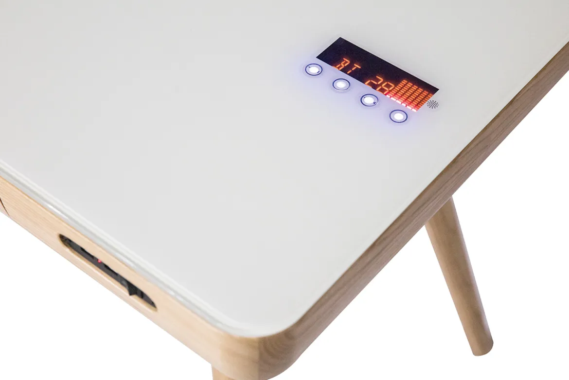 Bureau connecté multimédia avec tiroir en verre et bois clair L120 cm CLEVER