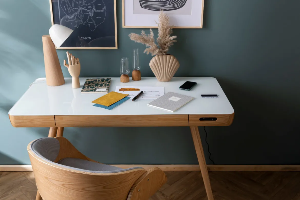 Bureau connecté multimédia avec tiroir en verre et bois clair L120 cm CLEVER