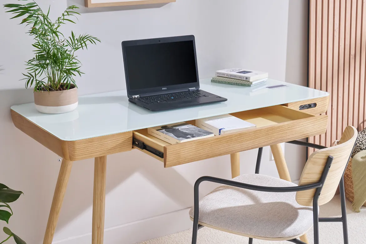 Bureau connecté multimédia avec tiroir en verre et bois clair L120 cm CLEVER