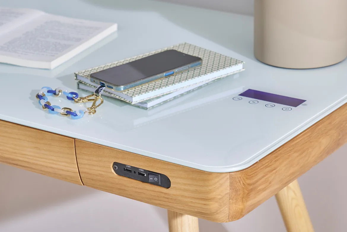 Bureau connecté multimédia avec tiroir en verre et bois clair L120 cm CLEVER
