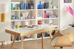 Bureau connecté multimédia avec tiroir en verre et bois clair L120 cm CLEVER