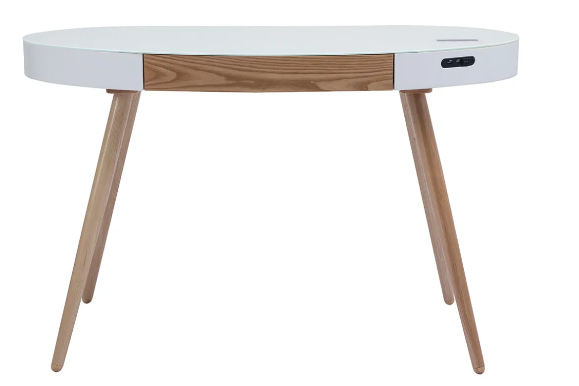 Bureau connecté multimédia verre blanc et bois clair L120 cm HANDY