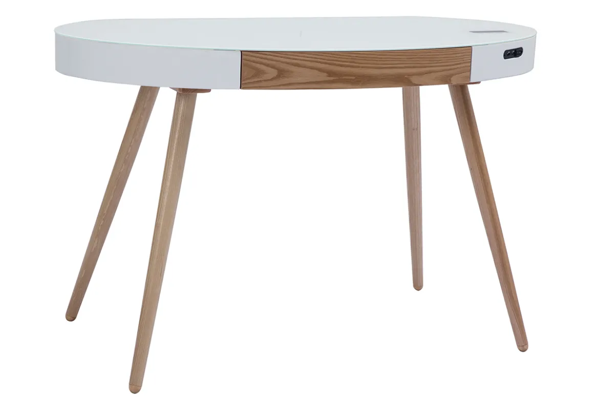 Bureau connecté multimédia verre blanc et bois clair L120 cm HANDY