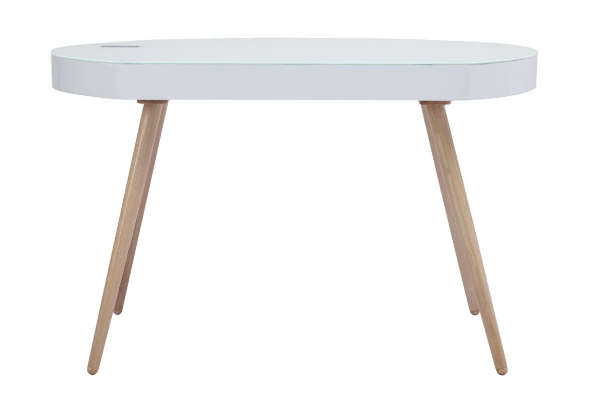 Bureau connecté multimédia verre blanc et bois clair L120 cm HANDY